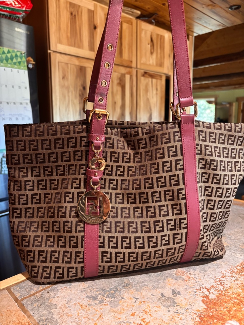 Fendi Vintage Brown FF Logo Tote with Rose Pink Leather Trim and Gold Hardware